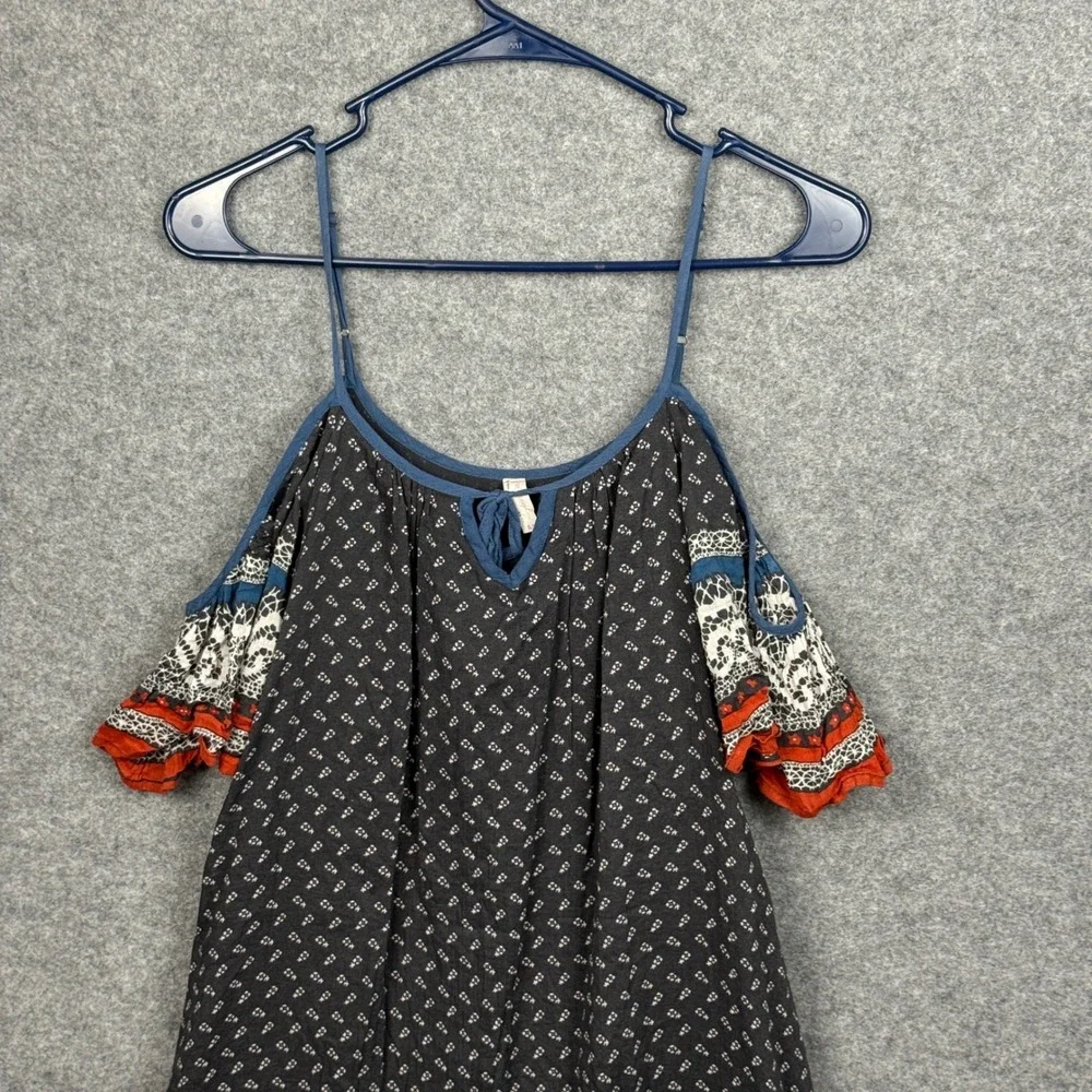 Free‎ People Black White Red Boho Cold Shoulder Mini Dress Size S